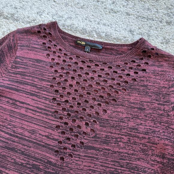 Maje Burgundy Black Cashmere Wool Blend Cut-out Mesh Sweater Size S - Picture 6 of 10